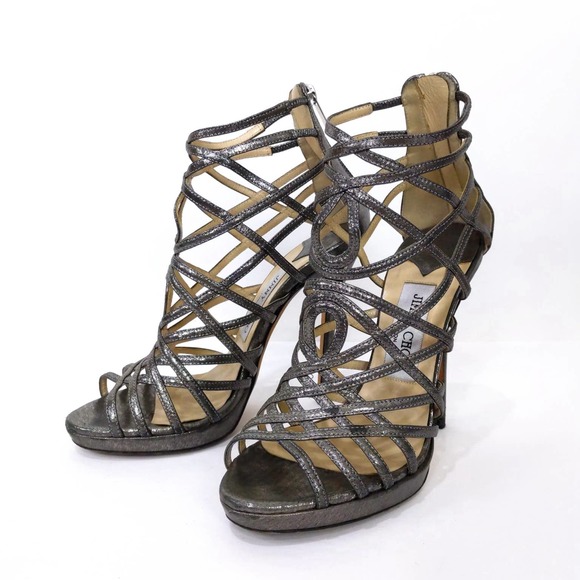 Jimmy Choo Glitter Leather Gladiator Heels In Anthracite Metallic Silver Gray - Picture 9 of 12